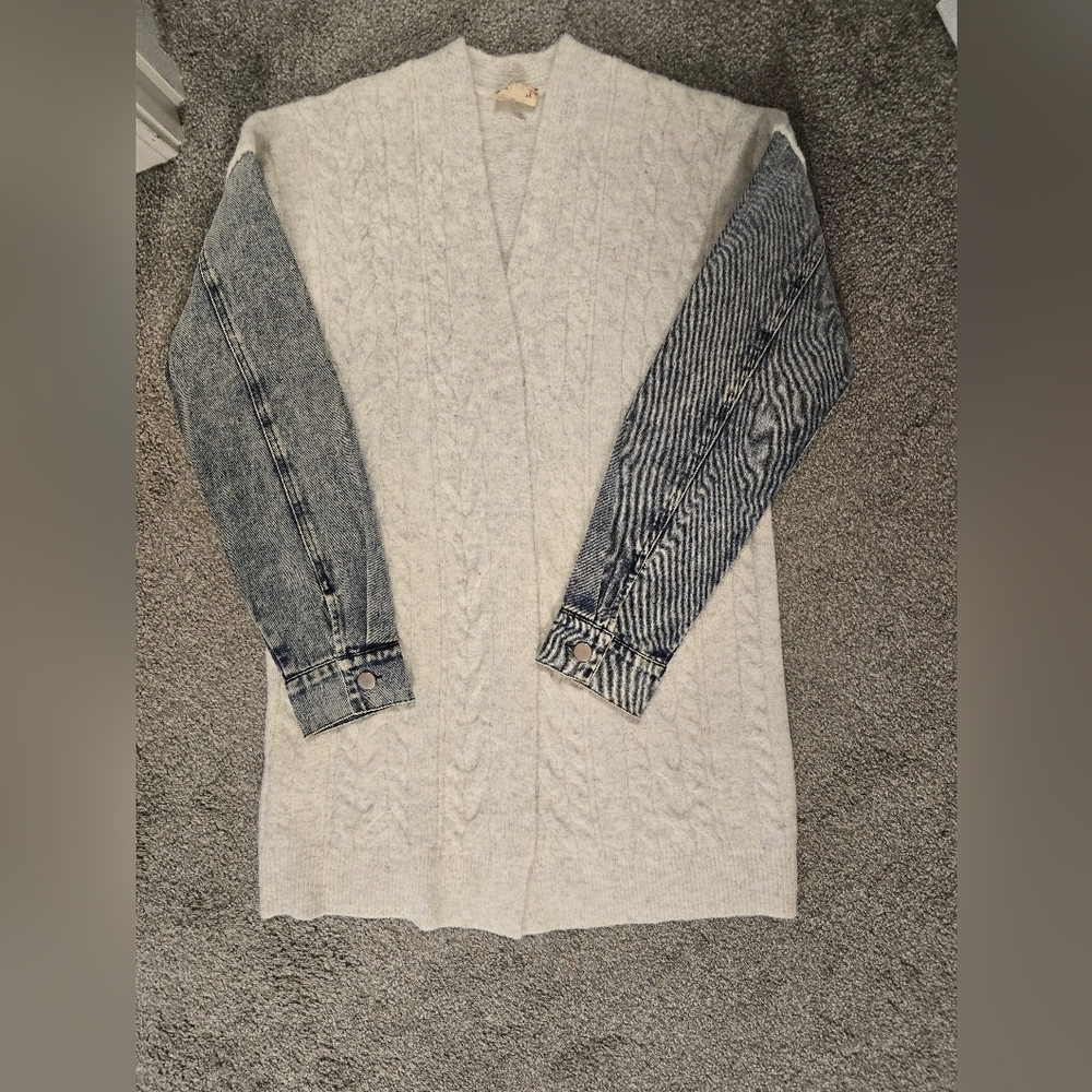 Hem & Thread Open Front Cardigan With Denim Sleeves Size Small